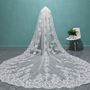 May include: A white bridal veil with delicate lace detailing. The veil is long and flowing, with a scalloped edge.