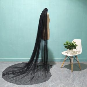 Simple Single Layer Lace Applique Veil, Cathedral Black Wedding Veil, White or Ivory Tulle Bridal Veil