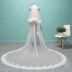 Lace Cathedral Bridal Veil, Double Layer Ivory Sparkling Lace Veil, Romantic Wedding White Lace Sequin Veils