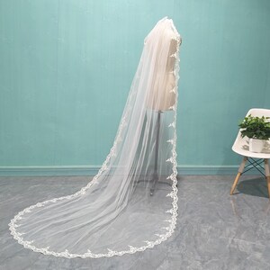 Voile de dentelle de mariée élégante, voile de dentelle blanc et ivoire, voile de mariage cathédrale en dentelle, voile de tulle simple épaisseur