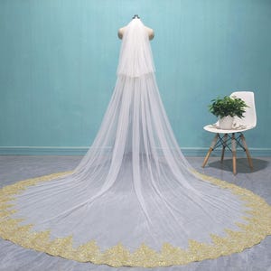 Cathedral Lace Bridal Veil Double Layer Ivory Blusher Veil Romantic Wedding Golden Lace Veil White Tulle Veil