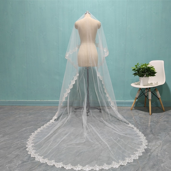 Elegant Bride Lace Veil, Cathedral Wedding Lace Veil, One Layer Combless Soft Tulle Veil, Wedding Accessories