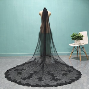 Lace Applique Bridal Veil, Cathedral Black Lace Applique Wedding Veil, White/Ivory One Layer Tulle Long Veils