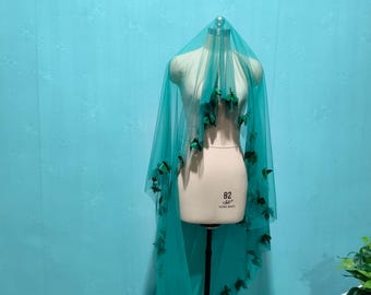 Bridal Veil, Cathedral One Tier Beautiful Butterfly Veil , Green 118 inch Tulle Veil, White Ivory Wedding Butterfly Veil,No Comb