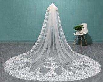 Voile d'appliques de dentelle pailletée blanc ivoire, Voile d'appliques de dentelle pailletée pour mariée fashion, Voile d'appliques de dentelle pailletée une couche pour mariage cathédrale