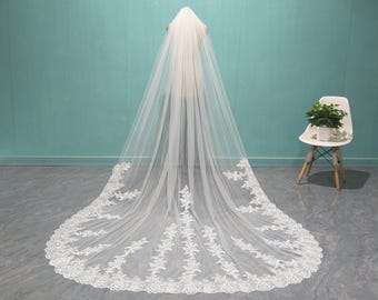 Lace Cathedral Veil Vintage Wedding Lace Applique Veil Chapel One Layer Veil White or Ivory Lace Decal Veil