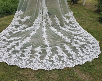 Velo de novia de un nivel de longitud de capilla, Velo de mantilla de encaje de catedral, Velo de novia largo, Velo de novia de encaje, Velo de encaje largo, Velo decorativo y peine