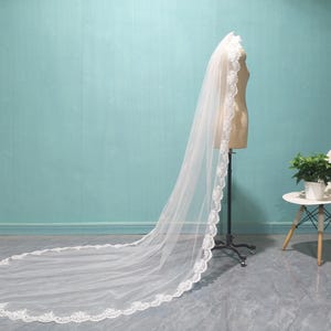Voile de mariée, voile blanc orné de dentelle simple épaisseur, voile de tulle de dentelle de mariage cathédrale, voile de dentelle ivoire