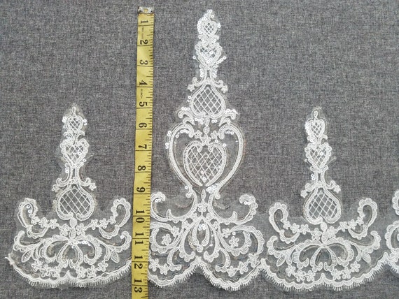 Sell By Yard Pure White or ivory alencon lace trim, ivory bridal lace trim, wedding veil lace trim, Rayon Material Lace Trim 10in