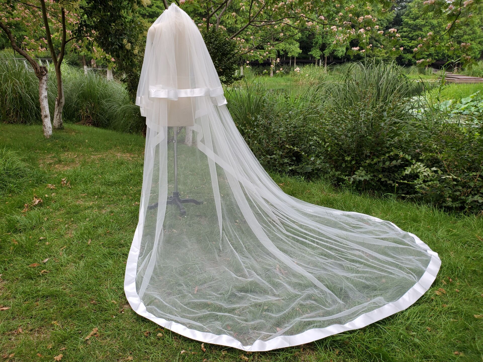 White Mesh Cathedral Bridal Veil Two Layer Long Train for Wedding - Bridella V114-IY2.5