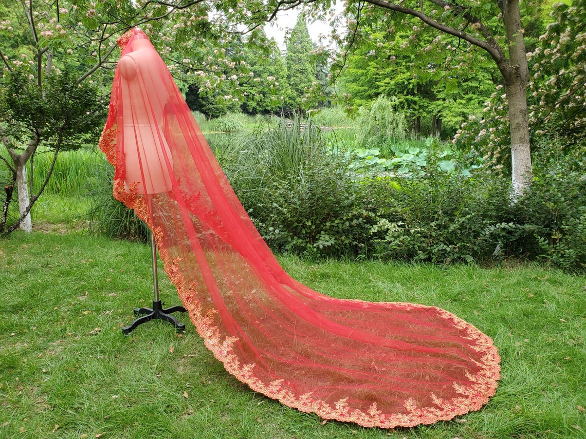 Red Sequins lace veil /Bridal Wedding Veil /Gold Lace Trim Etsy