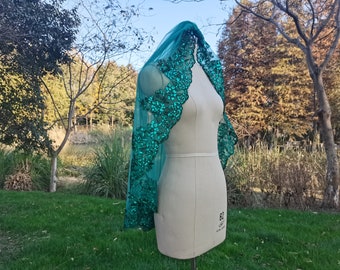 Green sequin veil, gold, white ivory elbow veil, bridal veil, wedding short veil High quality lace