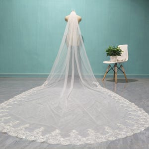 Long Lace Bridal Veil, Luxurious Cathedral White Lace Wedding Veil, Ivory Single Layer Sequined Lace Veil