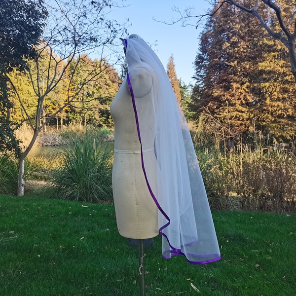 ribbon bridal veil, white ivory bridal veil, ribbon fingertip length covered with one layer of wedding vail minimalist veil Purple ribbon