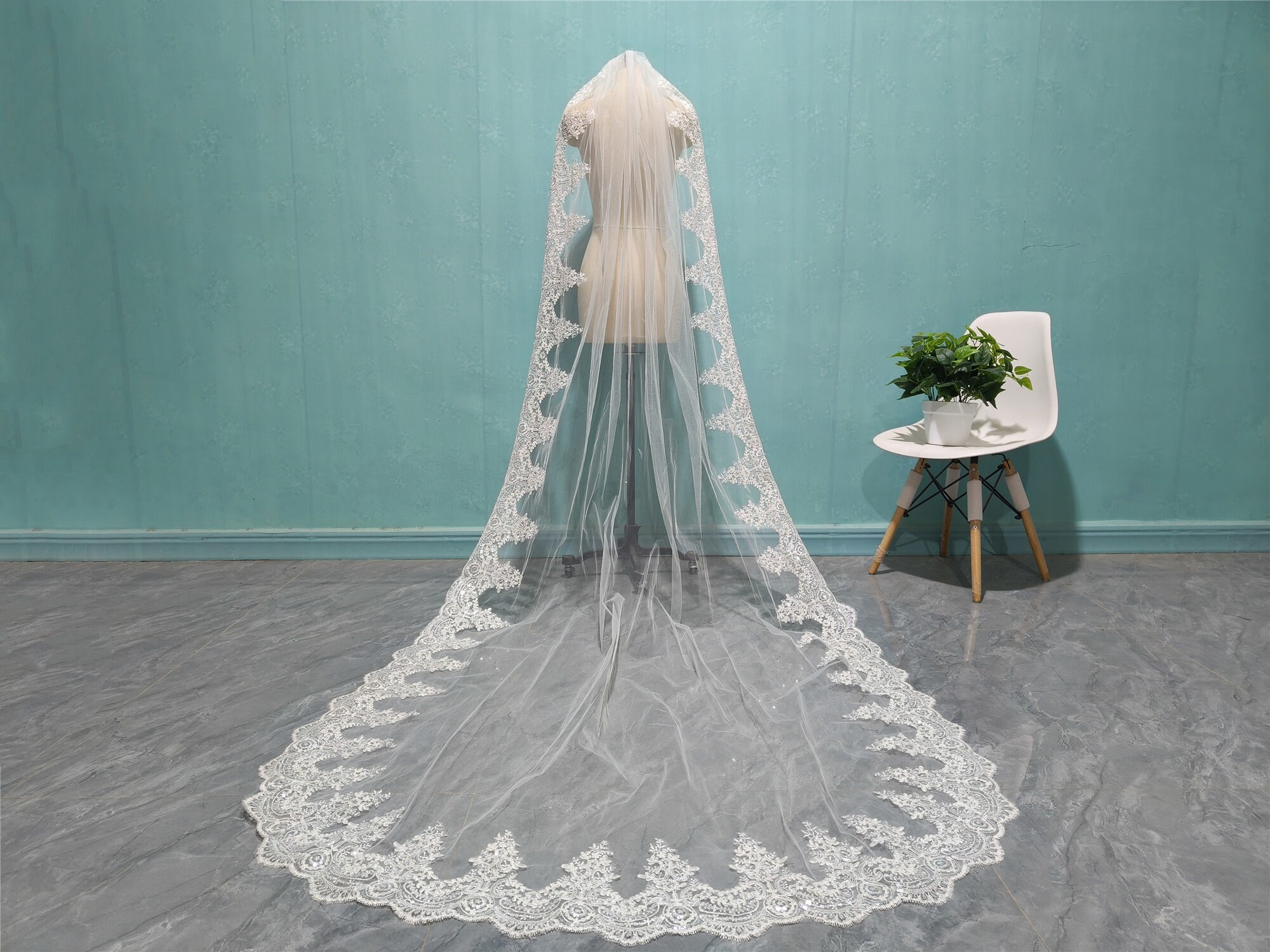 White Ivory Sequin Lace Veil, Elegant Bride Sequin Lace Veil 