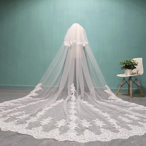 Luxury Wedding Lace Applique Veil Cathedral Length White Lace Bridal Veils 2 Layer Ivory Lace Appliques Wedding Veil