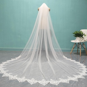 Elegant Bride Lace Veil, Unique One Layer Ivory Lace Veil, Cathedral Length Wedding Lace Veil, White Veil with Lace