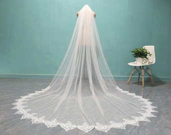 May include: A long, white bridal veil with a delicate lace trim. The veil is made of soft tulle and is perfect for a wedding ceremony.