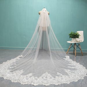 Two Layer Sequined Lace Bridal Veil, Cathedral Wedding Lace Applique Veil, White Lace and Ivory Tulle Veils