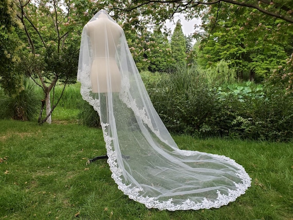 Luxury Wedding Veils / Ivory Lace Veil /lace Applique Cathedral Veils, Long Bridal  Veil, White Vail &vomb 