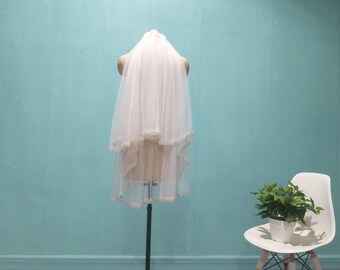 Velo da sposa corto con perline, velo da sposa elegante, velo scintillante a 2 strati bianco avorio con pettine