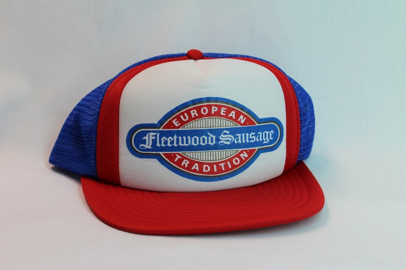 1980s FLEETWOOD SAUSAGE European Tradition Vintage Mesh Snap Back Trucker Hat