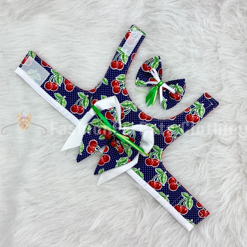 Dog Harness Blue with Cherries for Small Dogs