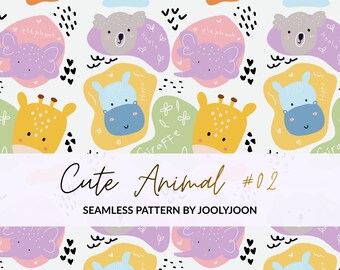 Seamless Animal Safari Pattern: Hippo, Koala, Elephant, Giraffe - PNG Digital Paper