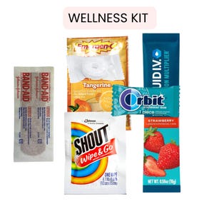May include: A wellness kit featuring Band-Aids, Emergen-C Tangerine flavored drink mix, Orbit Wintermint gum, Shout Wipe & Go, and U.I.D.V. ON MULTIPLIER. The kit includes a strawberry flavored gum pack, and a single Shout wipe. The text "WELLNESS KIT" is at the top.
