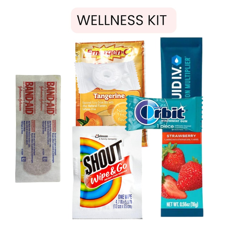 May include: A wellness kit featuring Band-Aids, Emergen-C Tangerine flavored drink mix, Orbit Wintermint gum, Shout Wipe & Go, and U.I.D.V. ON MULTIPLIER. The kit includes a strawberry flavored gum pack, and a single Shout wipe. The text "WELLNESS KIT" is at the top.