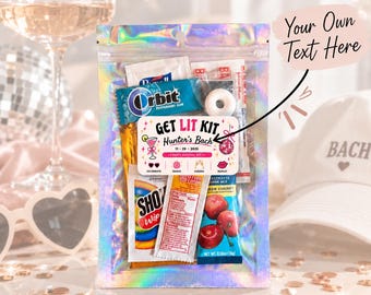 May include: A holographic pouch containing various small items, including Orbit gum, a white mint, and drink mix packets. A central label reads GET LIT KIT, Hunter's Bach, 11-29-2025, PARTY SURVIVAL KIT, and features icons of a cocktail, disco ball, and lips.