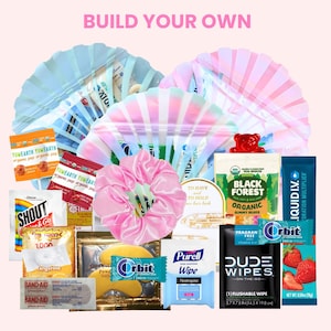 May include: A collection of various items, including a pink scrunchie, gummy bears, gum, wipes, and snacks, arranged with iridescent fan-shaped decorations. The text "BUILD YOUR OWN" is at the top.