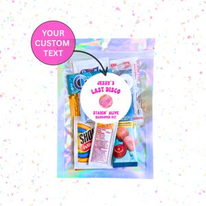 Bachelorette Party Hangover Kit, Bridal Party Favors, Girls Night Out Survival Kit, 21st Birthday Party Essentials, Last Disco 80&#39;s Party