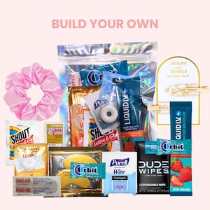 Kit gueule de bois, créez votre propre pack personnalisé, enterrement de vie de jeune fille ou de jeune garçon, sac de voyage cadeaux, mariage, anniversaire, voyage entre filles, cadeau de demoiselle d'honneur