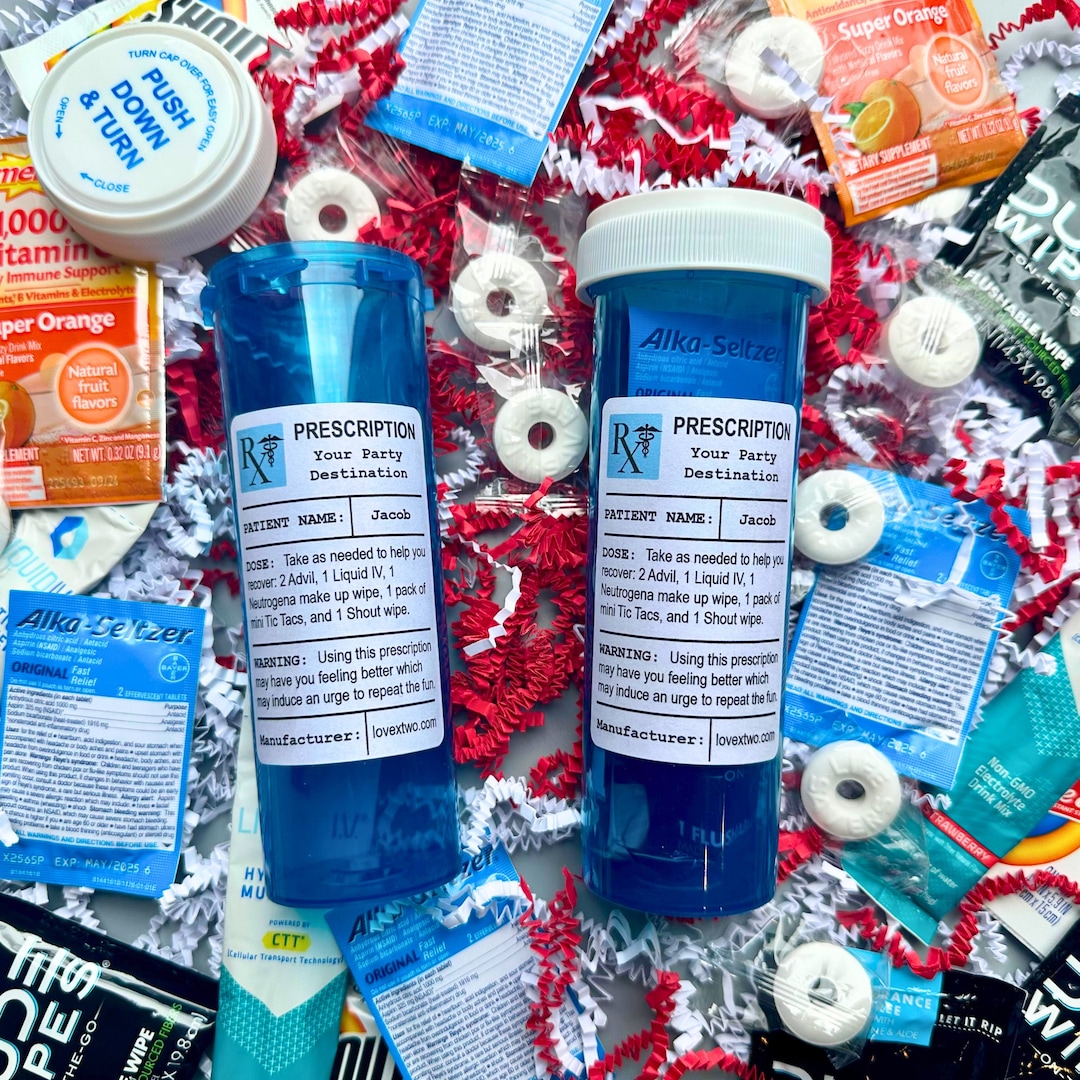 Blue Pill Bottle Hangover Kit, Birthday Hangover Kit, Personalized