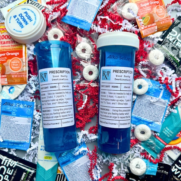 Blue Pill bottle Hangover kit, birthday hangover kit, personalized hangover bottle kit, bachelorette pill bottle, recovery pharmacy bottle