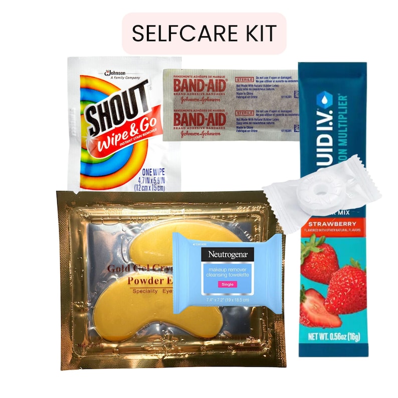 May include: A self-care kit featuring a variety of items. Includes a Shout wipe, Band-Aids, eye gel pads, Neutrogena makeup remover wipes, a Liquid I.V. hydration multiplier packet, and a mint. The kit is designed for personal care.