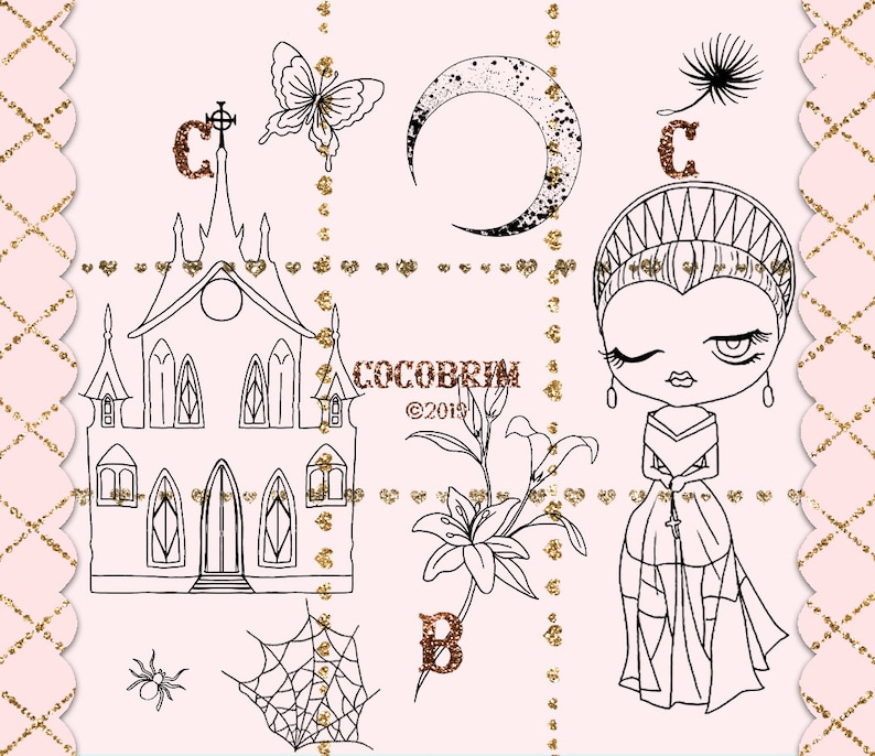 Cute digit stamp Cute girl Doodle Instant Download Girl Digital Stamp flower doodle gothic doodle Dark Fairytale Doodle Set