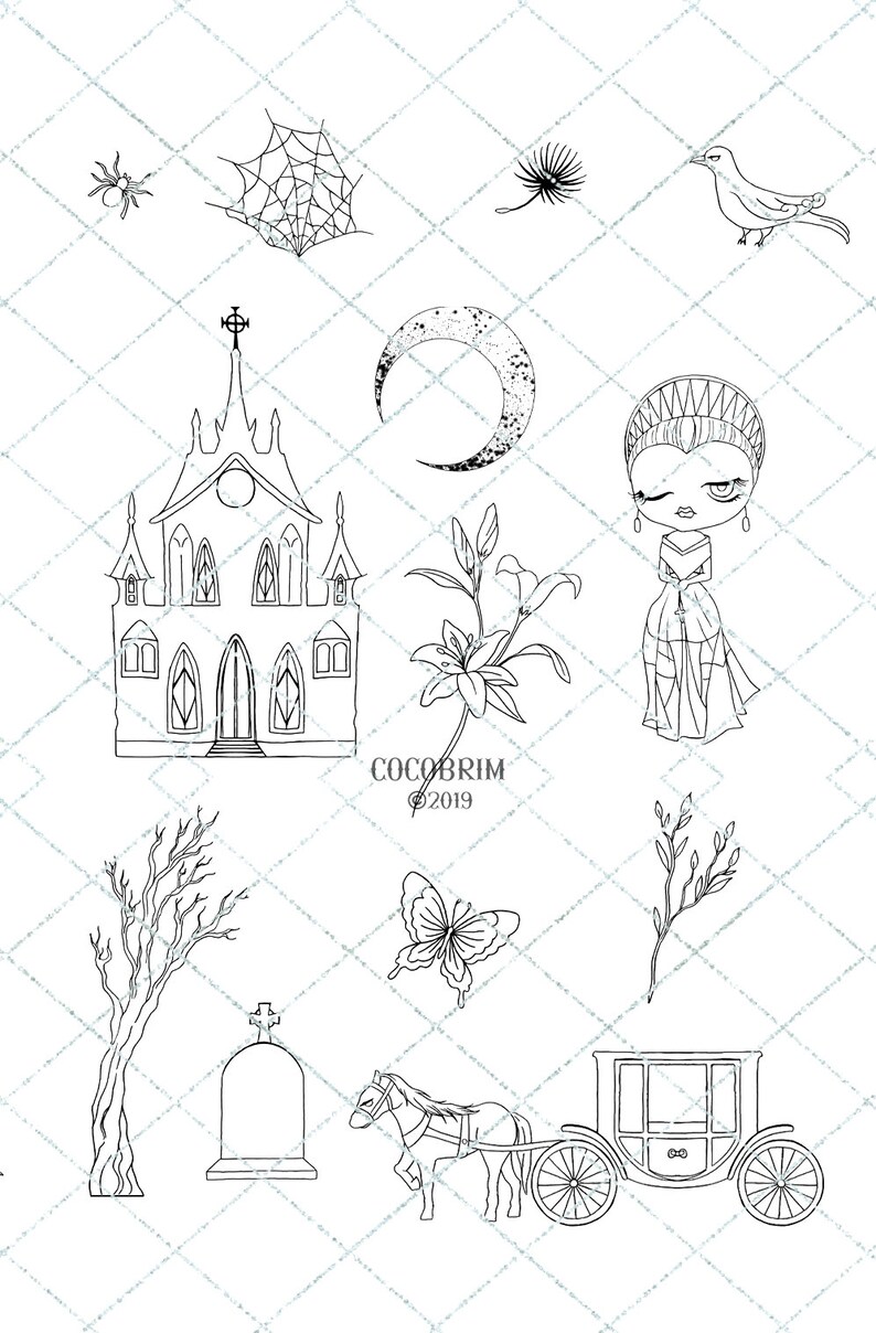 Cute digit stamp Cute girl Doodle Instant Download Girl Digital Stamp flower doodle gothic doodle Dark Fairytale Doodle Set