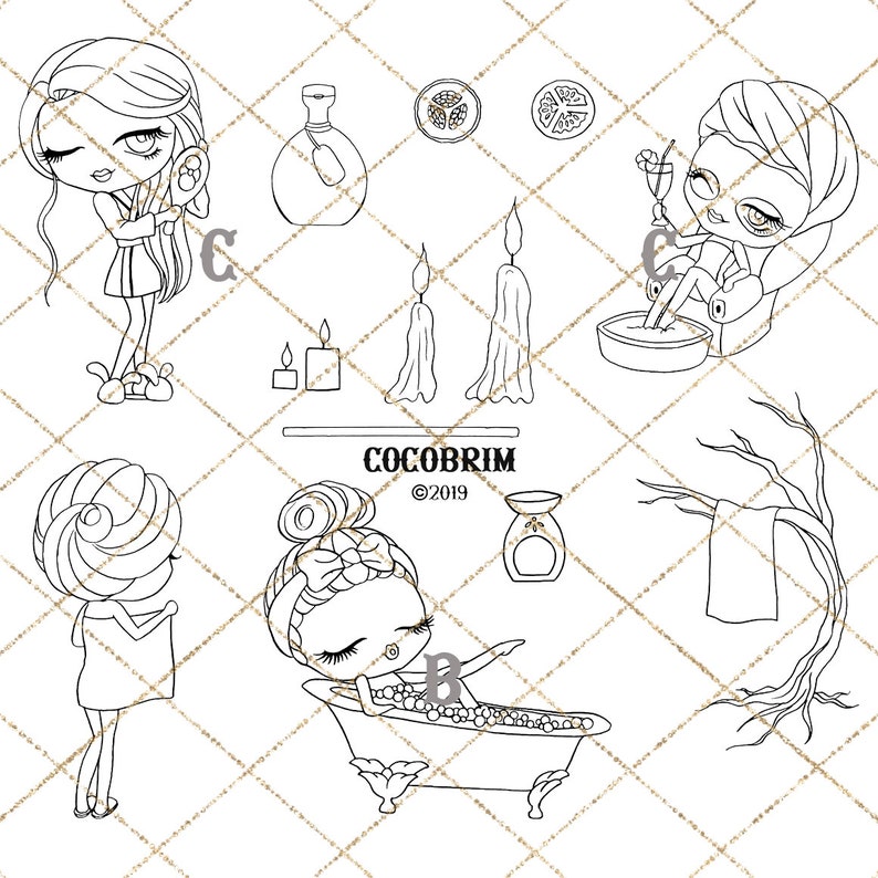 Beauty girl Doodle Relax digit stamp Instant Download Spa Girl Digital Stamp Spa Girl Beauty Relax Doodle Set doodle clipart