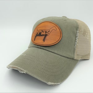 Leather Patch Trucker Hat - goat hat - mountain theme - choose breed and color - LaMancha, Nigerian, Nubian, Swiss