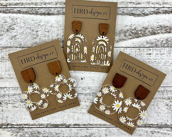 Handmade Wood & Patterned Acrylic Earrings: Lightweight Floral Dangles