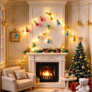 May include: A miniature room scene featuring a fireplace with a lit fire, a beige armchair, a decorated Christmas tree, and a string of multi-colored light bulbs draped across the wall. A white teddy bear sits on the floor.