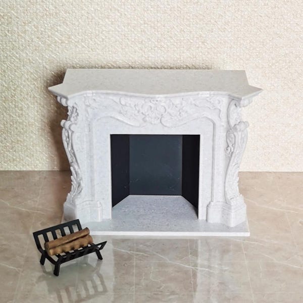 Vintage poppenhuis open haard 1:12, 1/12 metalen rooster met houtblokken voor pop miniatuur open haard in moderne poppenhuis woonkamer