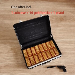 Mini valise pour maison de poupée miniature à l'échelle 1/6 comprenant 16 lingots d'or et 1 pistolet en briques dorées pour poupée