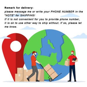 May include: Illustration of two delivery workers with a globe and a location pin. One worker pushes a cart with boxes, while the other holds a box and a tablet. Text at the top reads: "Remark for delivery: please message me or write your PHONE NUMBER in the "NOTE" for SHIPPING!"