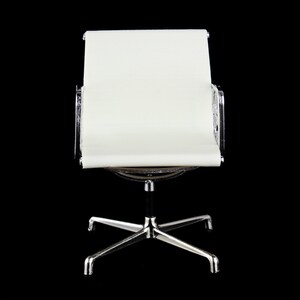 May include: A white chair with a chrome frame and a swivel base. The chair has a curved back and a comfortable seat.