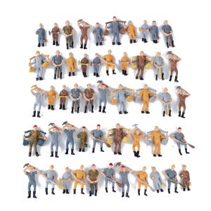 May include: A collection of miniature figurines depicting construction workers in various poses. The figures are dressed in work attire, including overalls, hard hats, and carrying tools. The color palette includes shades of blue, brown, yellow, and orange.