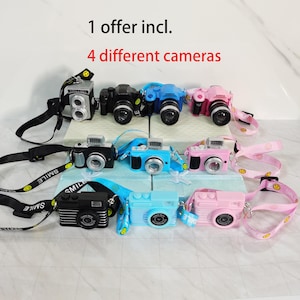 Dollhouse A Set of 4 different Cameras,Miniature Elf Prop Camera with Flashlight / Shutter Sound and Adjustable SMILE Strap,Mini Fake Camera