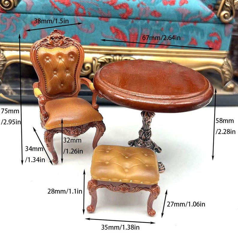 1:16 Dollhouse Retro Chair, Stool and Table, 1/16 Miniatures Vintage Furniture Classic Dining Chair Table, Doll Vintage Kitchen Furniture image 5